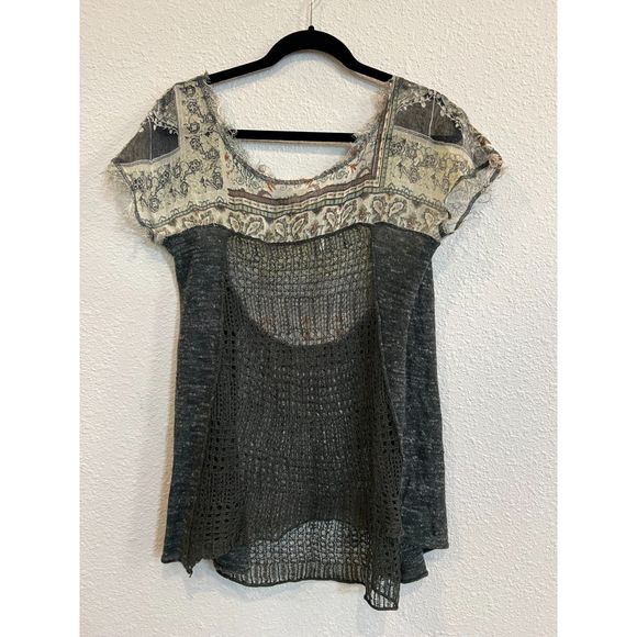 Free People Cap Sleeve Top Crochet Green Size Medium a892 - Picture 2 of 4